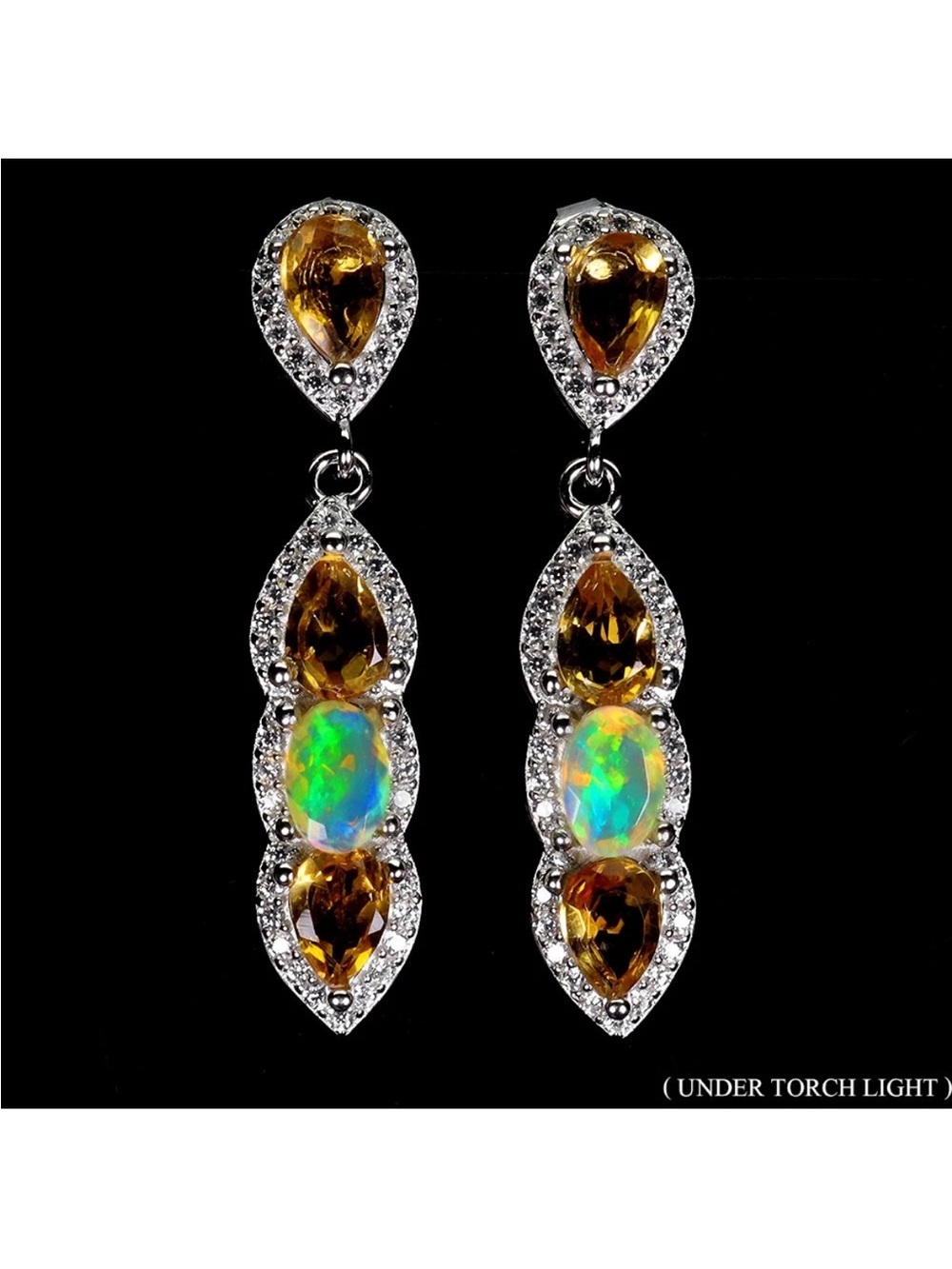 Stunning Genuine Citrine & Fire Opal 6x4mm 925 Sterling Silver Dangle Earrings